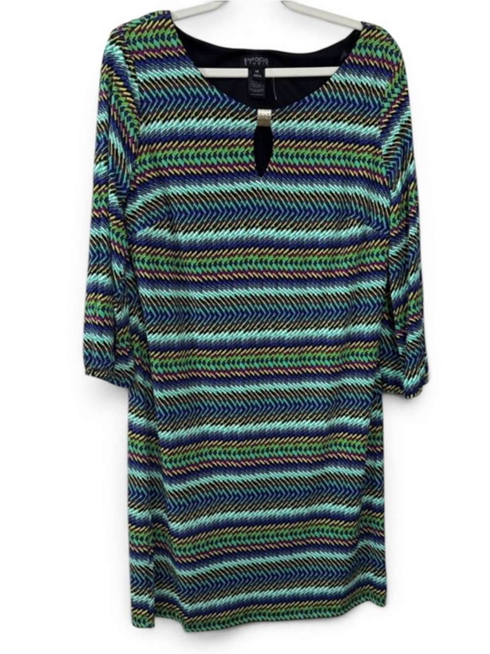 Enfocus Navy Multi Chevron Shift Dress w/ Keyhole Front & Silver Detail -Size 14